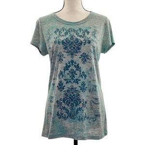 MAGELLAN Sportswear Gray Teal Blue Damask Graphic Print Short Sleeve T-Shirt